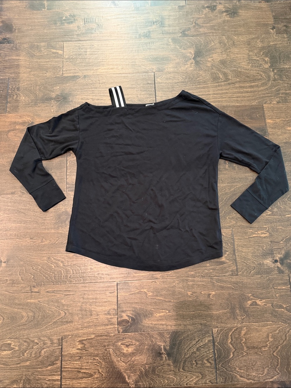 CAbi Black Boatneck Long Sleeve Top with Striped Shoulder Detail